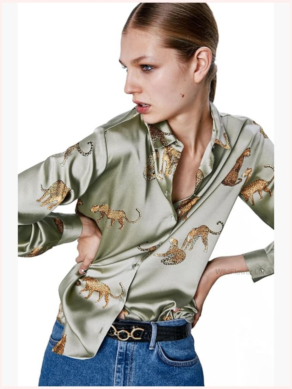 Satin Women's Button Down Long Sleeve Shirt Blouse